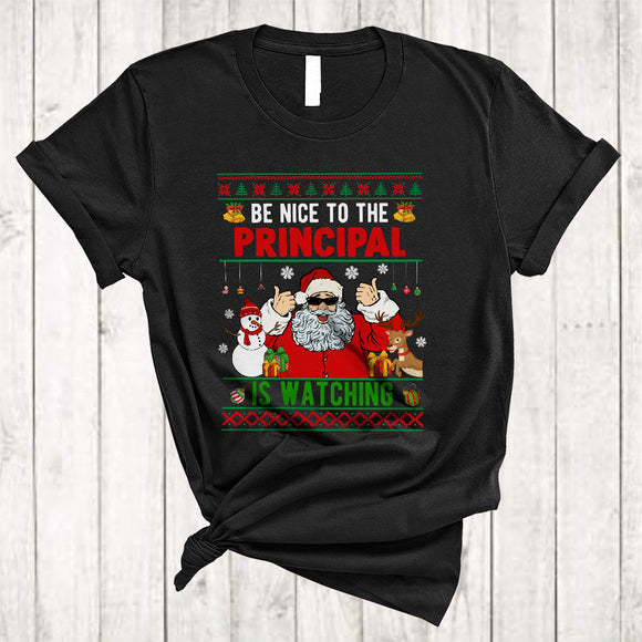 MacnyStore - Be Nice To The Principal Santa Is Watching Awesome Christmas Sweater Snow Santa Reindeer T-Shirt