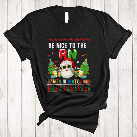 MacnyStore - Be Nice To The RN Santa Is Watching, Colorful Christmas Santa Face, RN Nurse X-mas Group T-Shirt