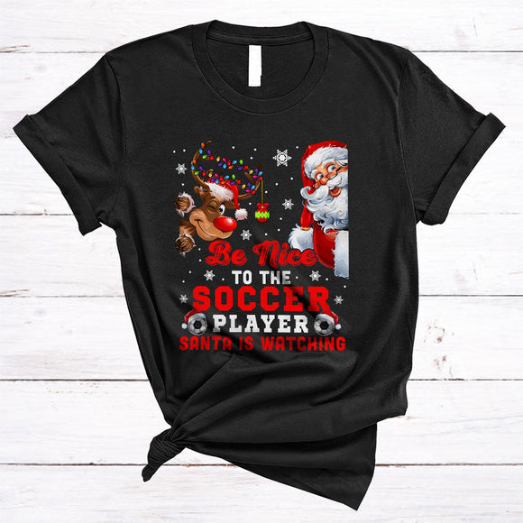 MacnyStore - Be Nice To The Soccer Player, Lovely X-mas Santa Reindeer, Christmas Family Group T-Shirt