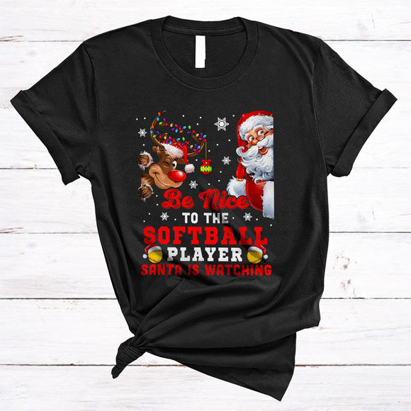 MacnyStore - Be Nice To The Softball Player, Lovely X-mas Santa Reindeer, Christmas Family Group T-Shirt
