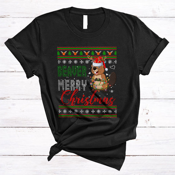 MacnyStore - Beaver Merry Christmas, Lovely Funny Sweater Beaver, X-mas Snow Pajama Family Animal T-Shirt
