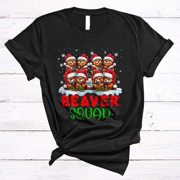MacnyStore - Beaver Squad, Lovely Awesome Christmas Group Santa Beaver, X-mas Lights Snow Around T-Shirt