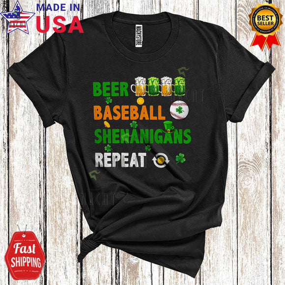 MacnyStore - Beer Baseball Shenanigans Repeat Cute Cool St. Patrick's Day Baseball Player Playing Drinking Lover T-Shirt