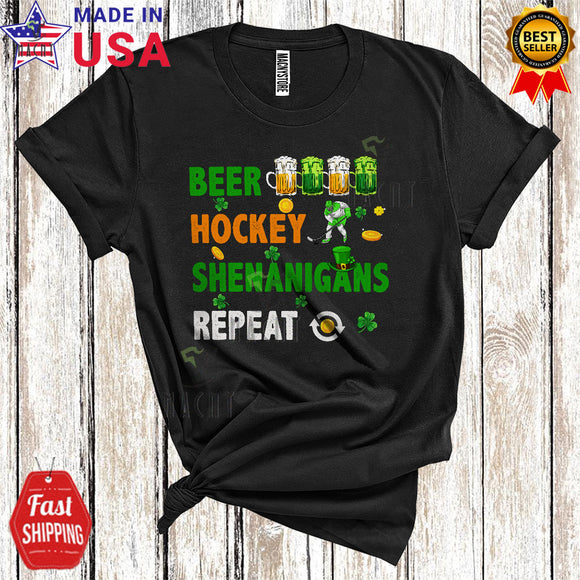 MacnyStore - Beer Hockey Shenanigans Repeat Cute Cool St. Patrick's Day Hockey Player Playing Drinking Lover T-Shirt