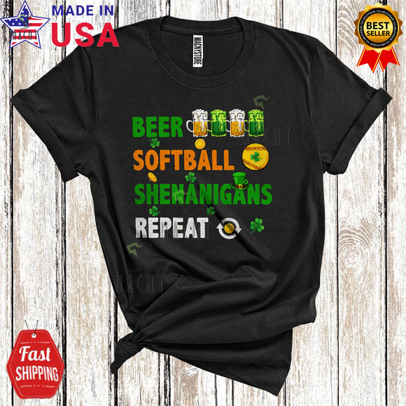 MacnyStore - Beer Softball Shenanigans Repeat Cute Cool St. Patrick's Day Softball Player Playing Drinking Lover T-Shirt
