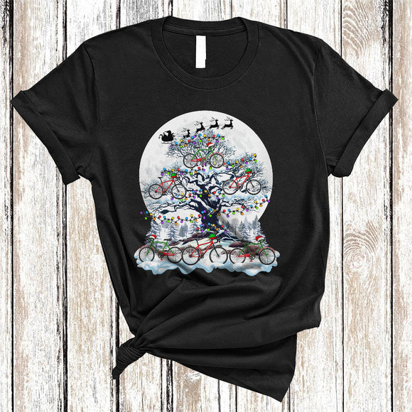 MacnyStore - Bicycle On Christmas Tree, Joyful Santa ELF Reindeer Bicycle Lover, X-mas Lights Moon T-Shirt