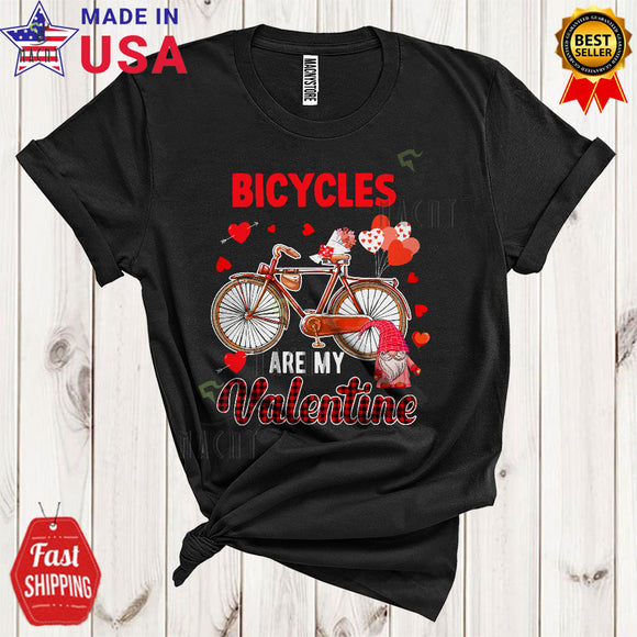 MacnyStore - Bicycles Are My Valentine Cute Happy Valentine's Day Red Plaid Hearts Gnome Bicycle Lover T-Shirt