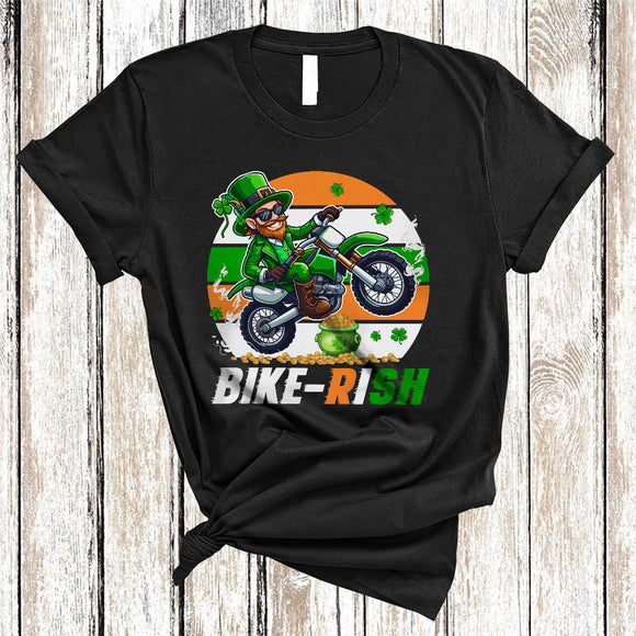 MacnyStore - Bike-rish, Awesome St. Patrick's Day Retro Leprechaun Riding Dirt Bike, Irish Shamrock T-Shirt