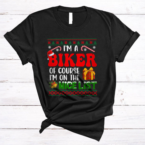 MacnyStore - Biker I'm On The Nice List, Lovely Merry Christmas Sweater Candy Canes, X-mas Santa T-Shirt