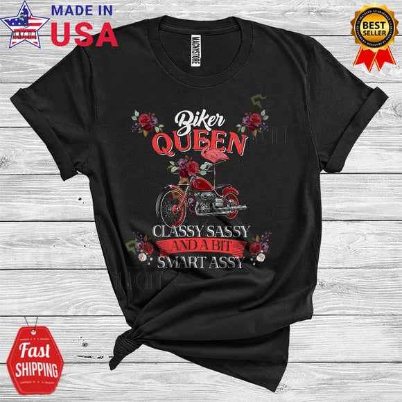 MacnyStore - Biker Queen Classy Sassy And A Bit Smart Assy Cool Cute Mother's Day Flamingo Motorbike T-Shirt