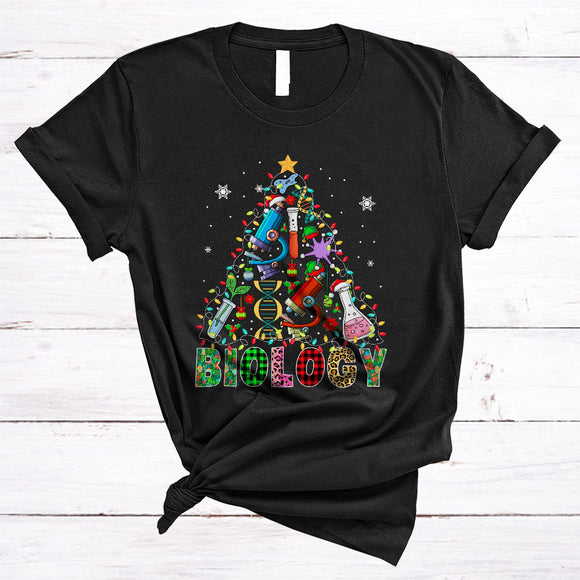MacnyStore - Biology, Colorful Leopard Plaid Christmas Lights Tree, Matching Biology Teacher Tools Lover T-Shirt