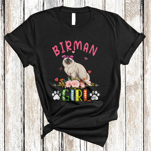 MacnyStore - Birman Girl, Amazing Floral Kitten Lover Hearts Flowers, Matching Girls Women Family T-Shirt