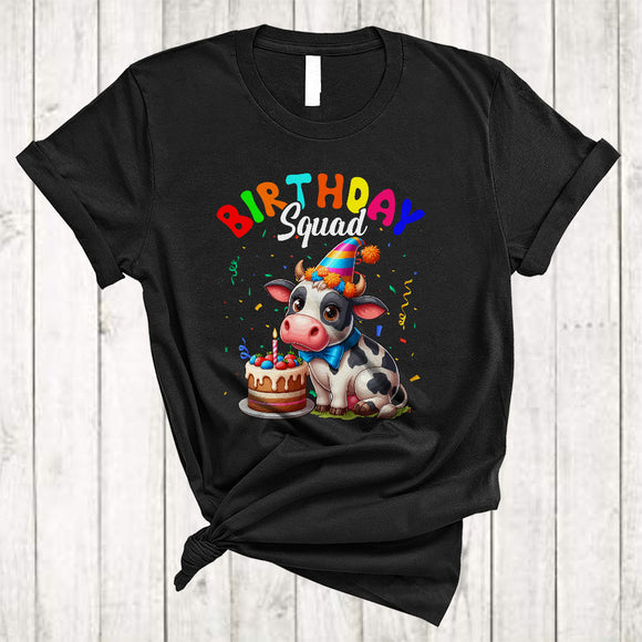 MacnyStore - Birthday Squad, Adorable Cow With Birthday Cake Celebration, Matching Family Farmer Group T-Shirt