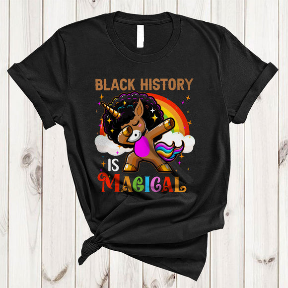 MacnyStore - Black History Is Magical, Lovely Black History Month Unicorn Dabbing Rainbow, Melanin Afro Pride T-Shirt