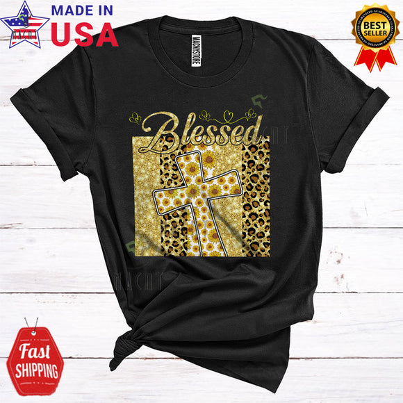 MacnyStore - Blessed Cute Matching Family Group Sunflower Leopard Cross Christian Proud Lover T-Shirt