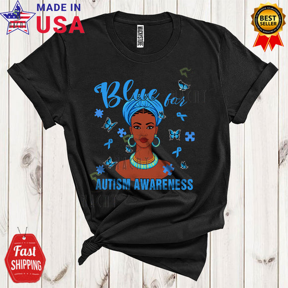 MacnyStore - Blue For Autism Awareness Cool Proud Afro African American Black Women Puzzle Butterfly Lover T-Shirt