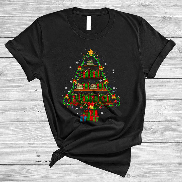 MacnyStore - Book Christmas Tree, Colorful X-mas Lights Book Reading, Books Nerd Lover Librarian T-Shirt