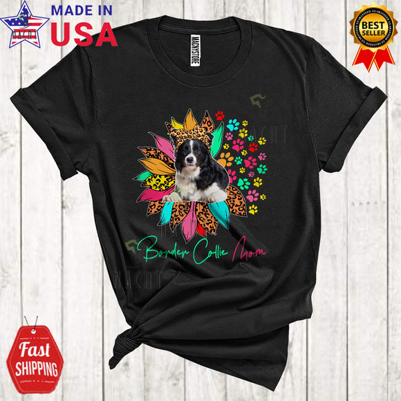 MacnyStore - Border Collie Mom Funny Cool Mother's Day Family Leopard Half Sunflower Paws T-Shirt