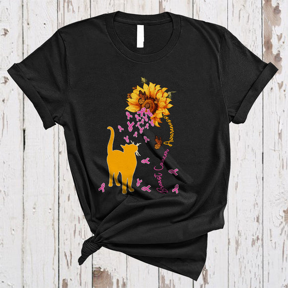MacnyStore - Breast Cancer Awareness, Lovely Cat With Sunflower Butterflies, Pink Ribbon Family T-Shirt