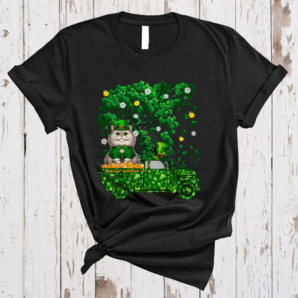 MacnyStore - British Longhair Cat On Green Pickup Truck, Lovely St. Patrick's Day Shamrock Tree, Lucky Irish Group T-Shirt