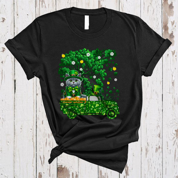 MacnyStore - British Shorthair Cat On Green Pickup Truck, Lovely St. Patrick's Day Shamrock Tree, Lucky Irish Group T-Shirt
