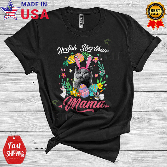 MacnyStore - British Shorthair Mama Cute Cool Easter Day Flowers Floral Circle Bunny Cat Owner Lover T-Shirt