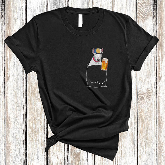 MacnyStore - Bull Terrier Drinking Beer In Pocket, Humorous Drunker Beer Animal Lover, Drinking Group T-Shirt