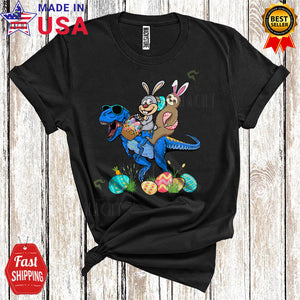 MacnyStore - Bunny And Sloth Riding T-Rex Cool Cute Easter Egg Hunt Squad Matching Animal Lover T-Shirt