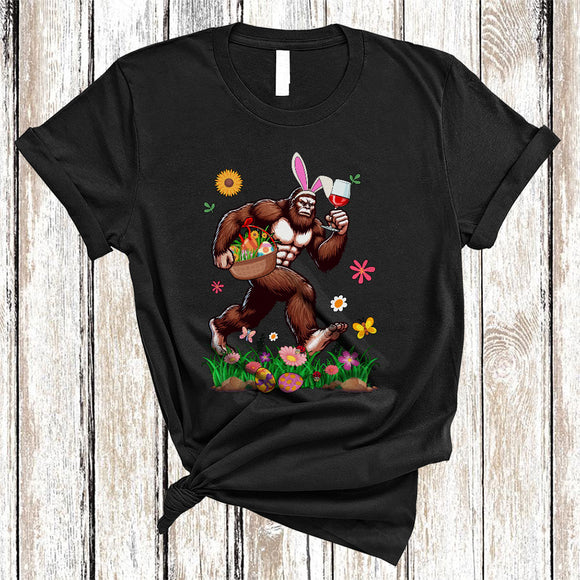 MacnyStore - Bunny Bigfoot Drinking Wine With Easter Egg Basket, Cheerful Easter Flowers Bigfoot, Family Group T-Shirt