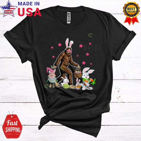 MacnyStore - Bunny Bigfoot Hunting Easter Eggs Cute Cool Easter Day Bunny Gnome Bigfoot Wearing Sunglasses T-Shirt