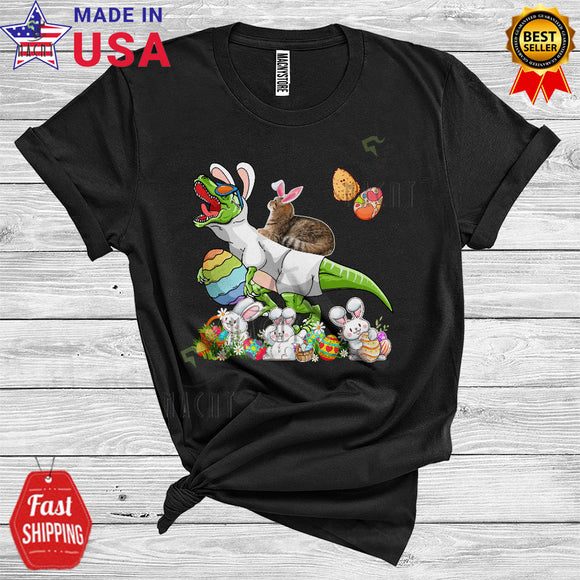 MacnyStore - Bunny Cat Riding T-Rex Funny Cute Easter Day Egg Hunt Matching Dinosaur Cat Owner Lover T-Shirt