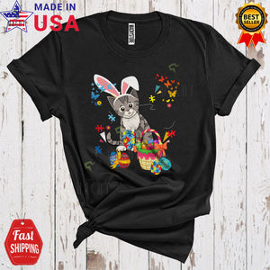 MacnyStore - Bunny Cat With Puzzle Easter Eggs Basket Cute Cool Easter Day Autism Awareness Cat Egg Hunt Lover T-Shirt