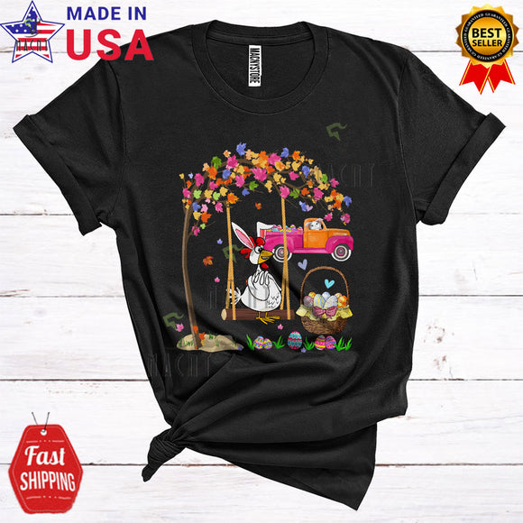 MacnyStore - Bunny Chicken On Swing Cute Cool Easter Egg Hunt Bunny Riding Truck Egg Basket Lover T-Shirt
