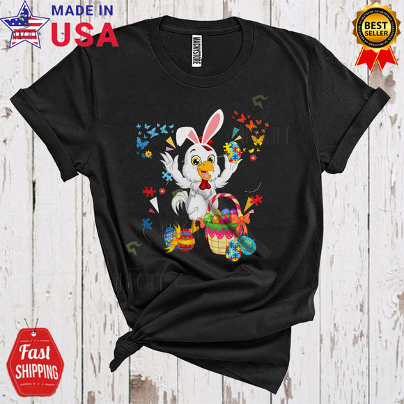 MacnyStore - Bunny Chicken With Puzzle Easter Eggs Basket Cute Cool Easter Day Autism Awareness Chicken Lover T-Shirt