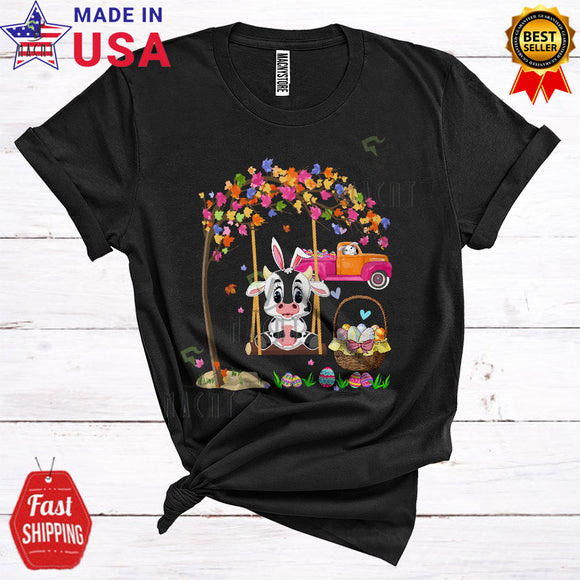 MacnyStore - Bunny Cow On Swing Cute Cool Easter Egg Hunt Bunny Riding Truck Egg Basket Lover T-Shirt