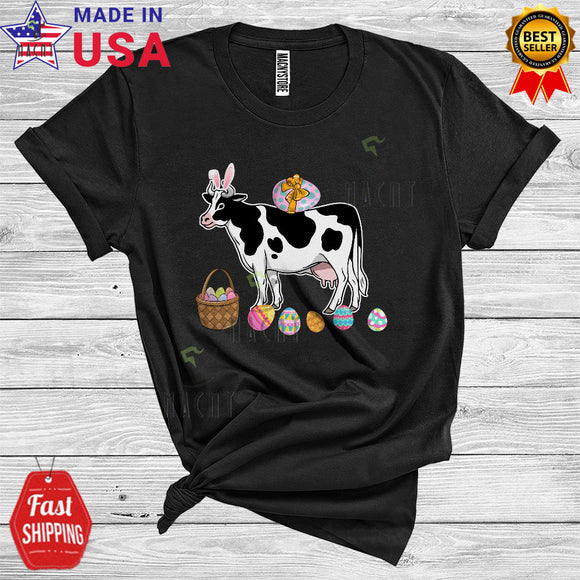 MacnyStore - Bunny Cow With Easter Egg Basket Funny Cool Easter Day Egg Hunt Group Matching Cow Farmer T-Shirt