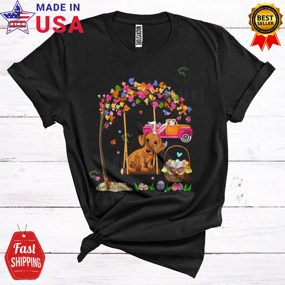 MacnyStore - Bunny Dachshund On Swing Cute Cool Easter Egg Hunt Bunny Riding Truck Egg Basket Lover T-Shirt