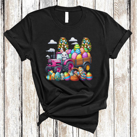 MacnyStore - 000/Shir2 Bunny Driving Tractor Lover, Adorable Easter Day Bunny Hunting Eggs, Family Group T-Shirt