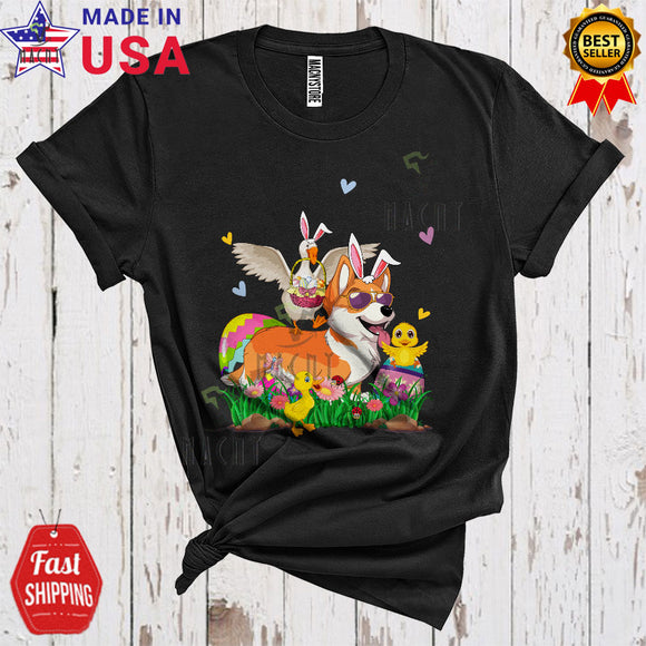 MacnyStore - Bunny Duck Bringing Easter Egg Basket Riding Corgi Cute Funny Easter Egg Hunt Farmer Lover T-Shirt