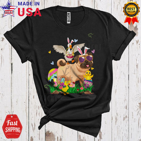 MacnyStore - Bunny Duck Bringing Easter Egg Basket Riding Pug Cute Funny Easter Egg Hunt Farmer Lover T-Shirt