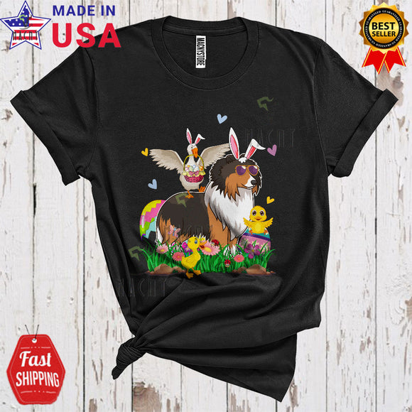 MacnyStore - Bunny Duck Bringing Easter Egg Basket Riding Sheltie Cute Funny Easter Egg Hunt Farmer Lover T-Shirt