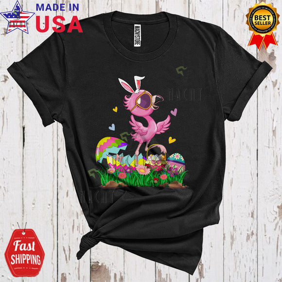MacnyStore - Bunny Flamingo Bringing Easter Egg Basket Cute Cool Easter Day Egg Hunt Flamingo Animal Lover T-Shirt