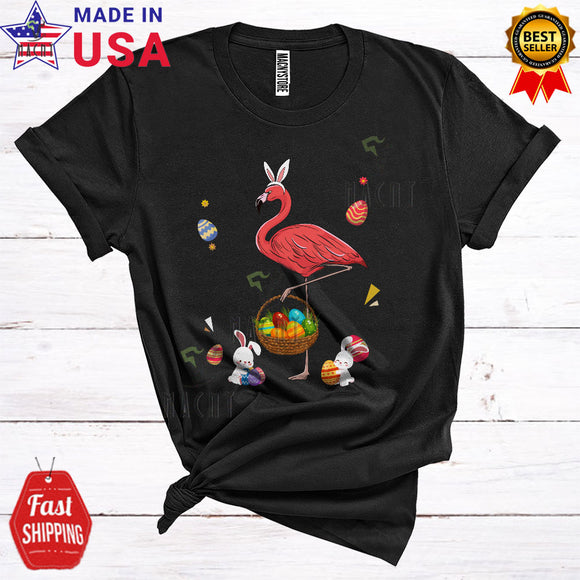 MacnyStore - Bunny Flamingo Bringing Easter Eggs Basket Cute Cool Easter Day Egg Hunt Animal Lover T-Shirt