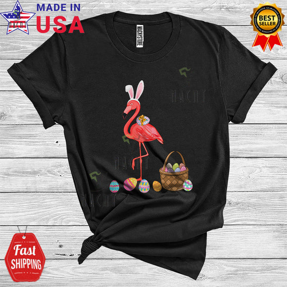 MacnyStore - Bunny Flamingo With Easter Egg Basket Funny Cool Easter Day Egg Hunt Group Animal Lover T-Shirt