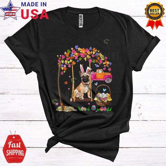 MacnyStore - Bunny French Bulldog On Swing Cute Cool Easter Egg Hunt Bunny Riding Truck Egg Basket Lover T-Shirt