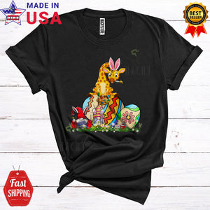 MacnyStore - Bunny Giraffe Painting Colorful Easter Eggs Cute Funny Easter Day Bunny Gnomes Wild Animal Lover T-Shirt