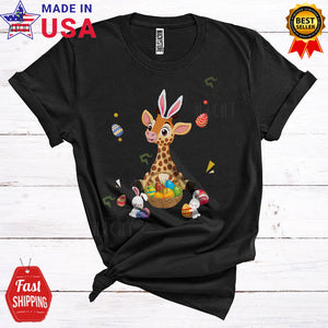 MacnyStore - Bunny Giraffe With Easter Eggs Basket Cute Cool Easter Day Egg Hunt Animal Lover T-Shirt