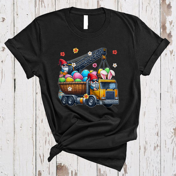 MacnyStore - Bunny Gnome Driving Crane Truck, Wonderful Easter Flowers Gnomes Gnomies, Egg Hunting Group T-Shirt
