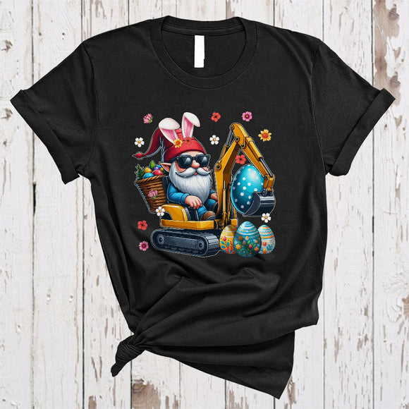 MacnyStore - Bunny Gnome Driving Excavator, Wonderful Easter Flowers Gnomes Gnomies, Egg Hunting Group T-Shirt