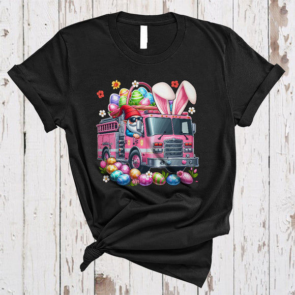MacnyStore - Bunny Gnome Driving Fire Truck, Wonderful Easter Flowers Gnomes Gnomies, Egg Hunting Group T-Shirt